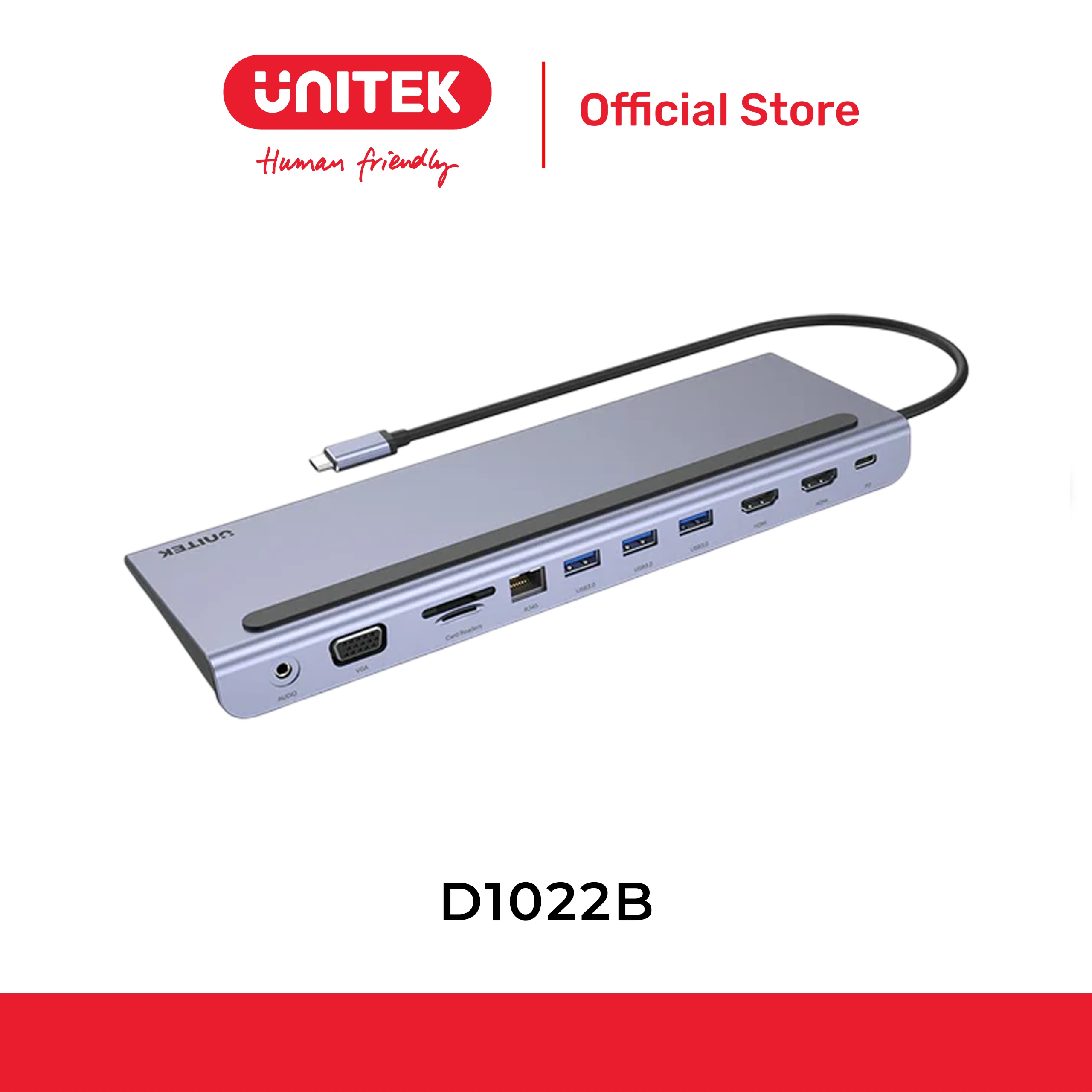 Bộ chuyển đổi 9 cổng Type-C -> USB-A + CardReader + 3.5mm + HDMI 4K@30Hz + VGA + LAN + PD 100W UNITEK D1022B